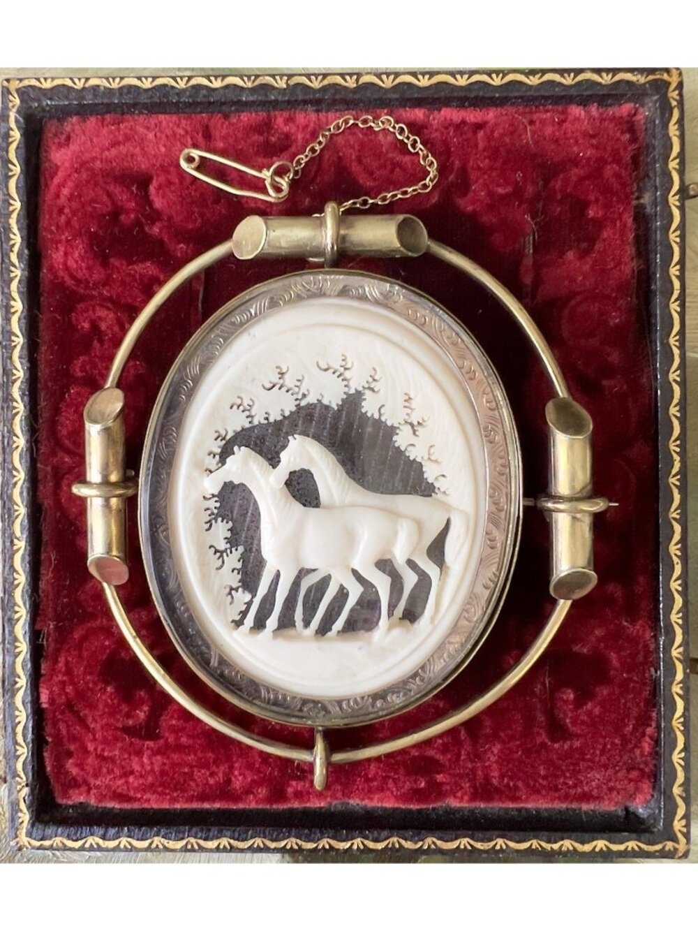 Large Victorian Carved Celluloid Horse RG Swivel Frame Mourning Locket Brooch